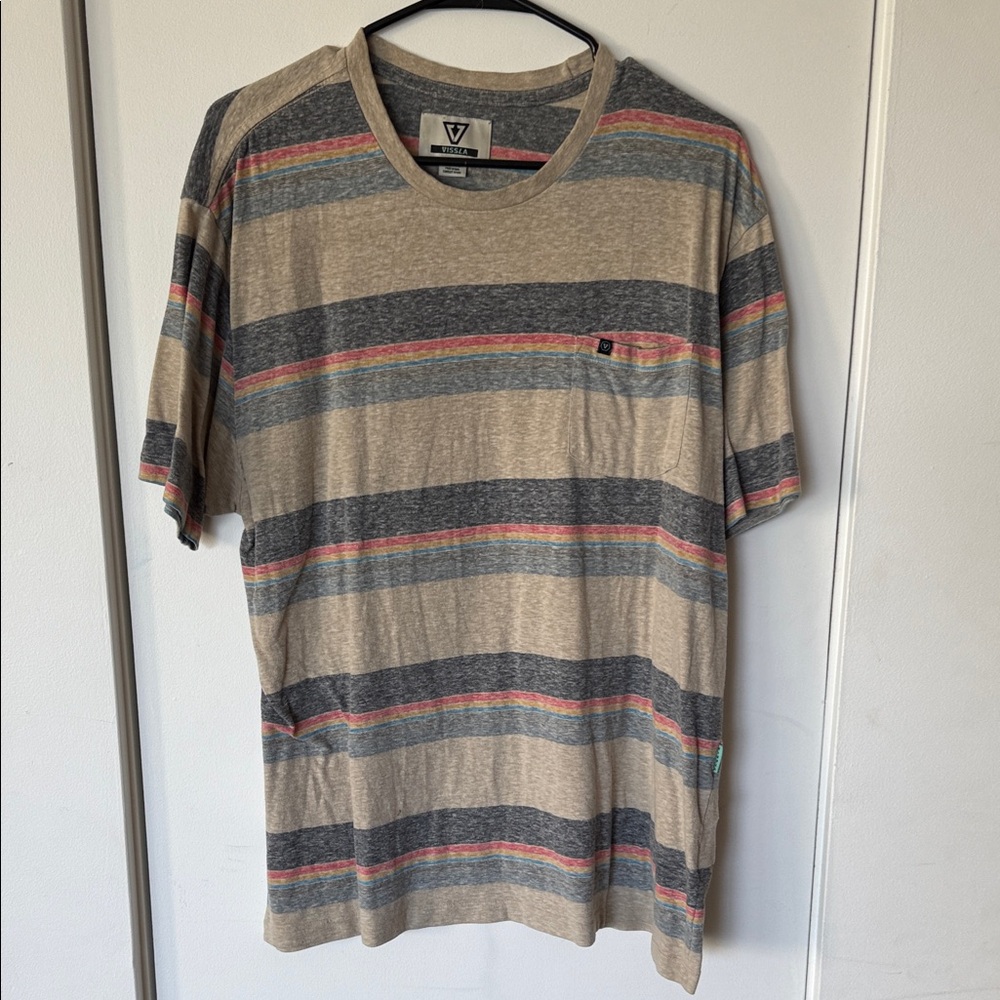 Vissla Men's Striped Tan and Gray T-Shirt